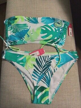 Xhilitration Tropical Leaf Bandeau Bikini Set - Blue Greenx